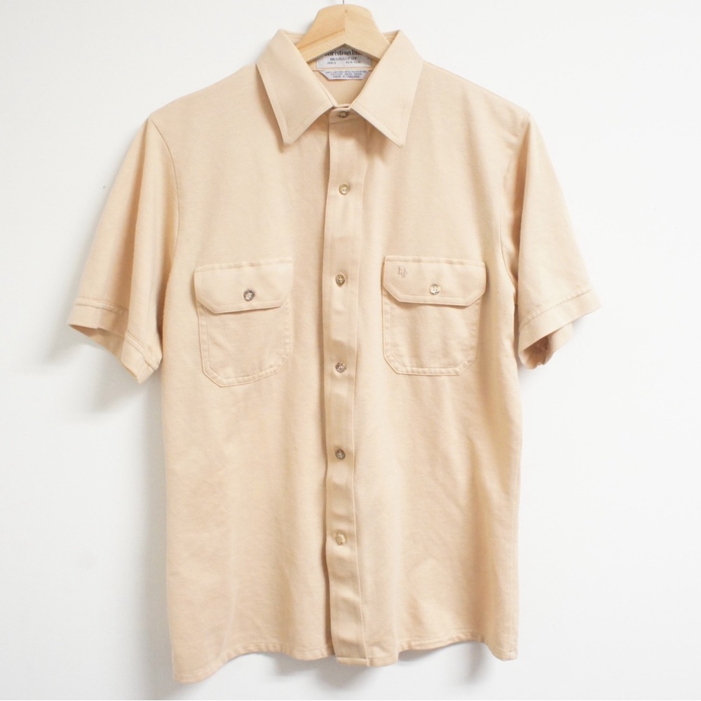 VTG 80s Christian Dior Monsieur Tan Cotton Blend Button Up Short Sleeve Shirt M